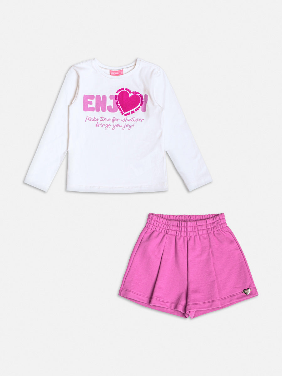 Conjunto Infantil Momi Inverno com Shorts Lilás e Blusa Branca Coração