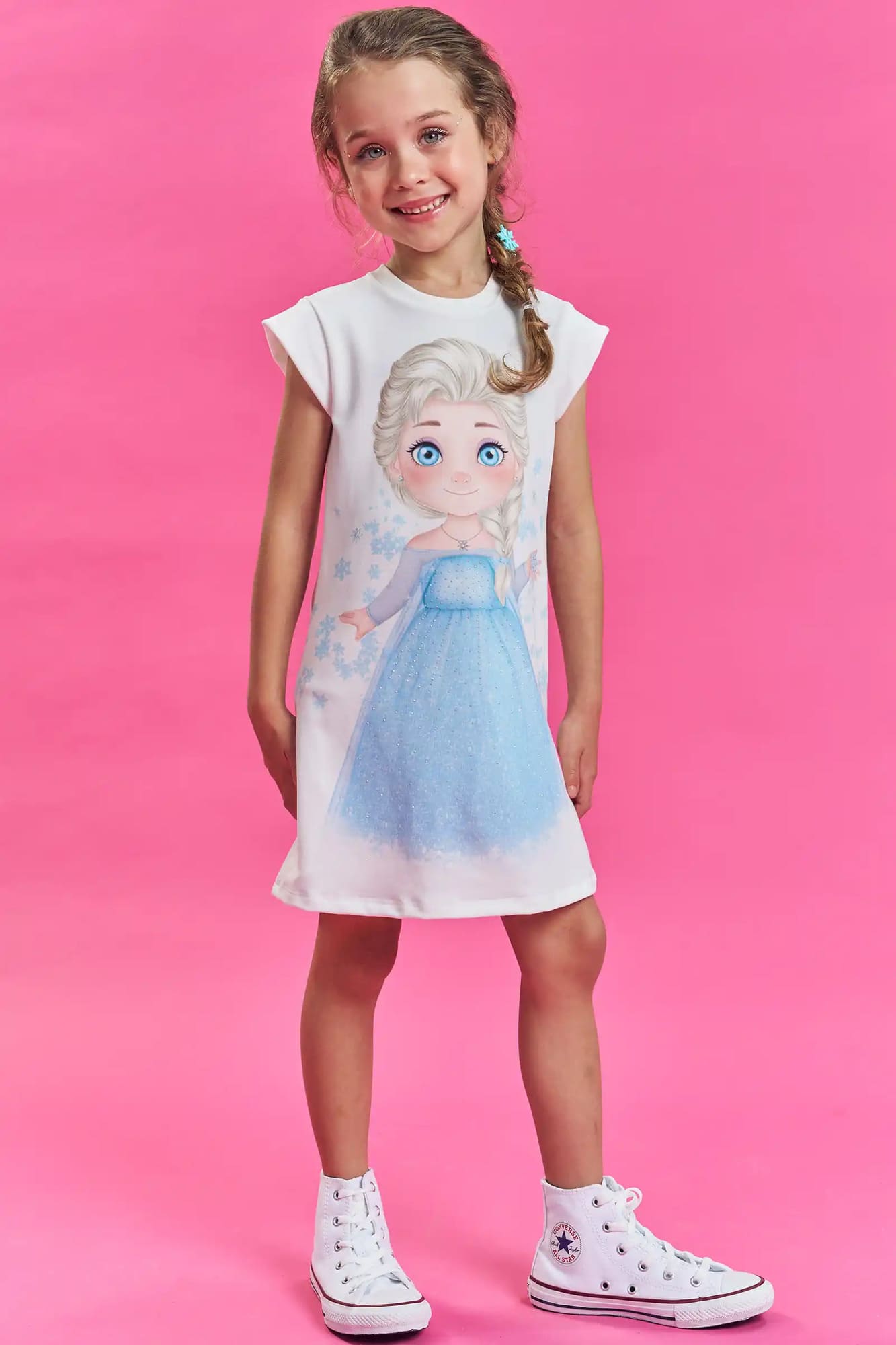 Vestido Infantil Kukiê Verão Branco Princesa Elsa Frozen