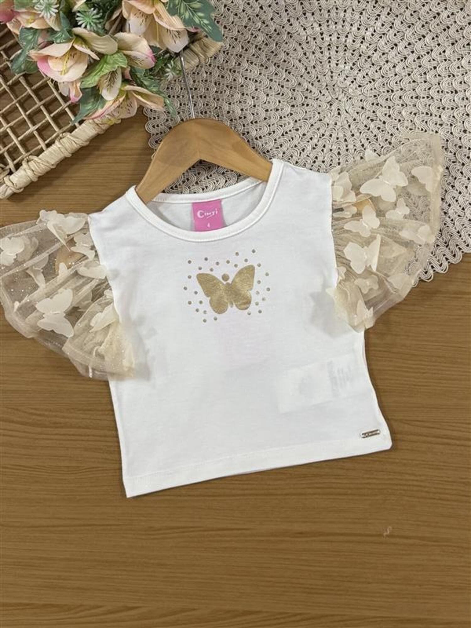 Conjunto Infantil Cinti Verão com Saia em Tule e Blusa Branca Borboleta Dourada