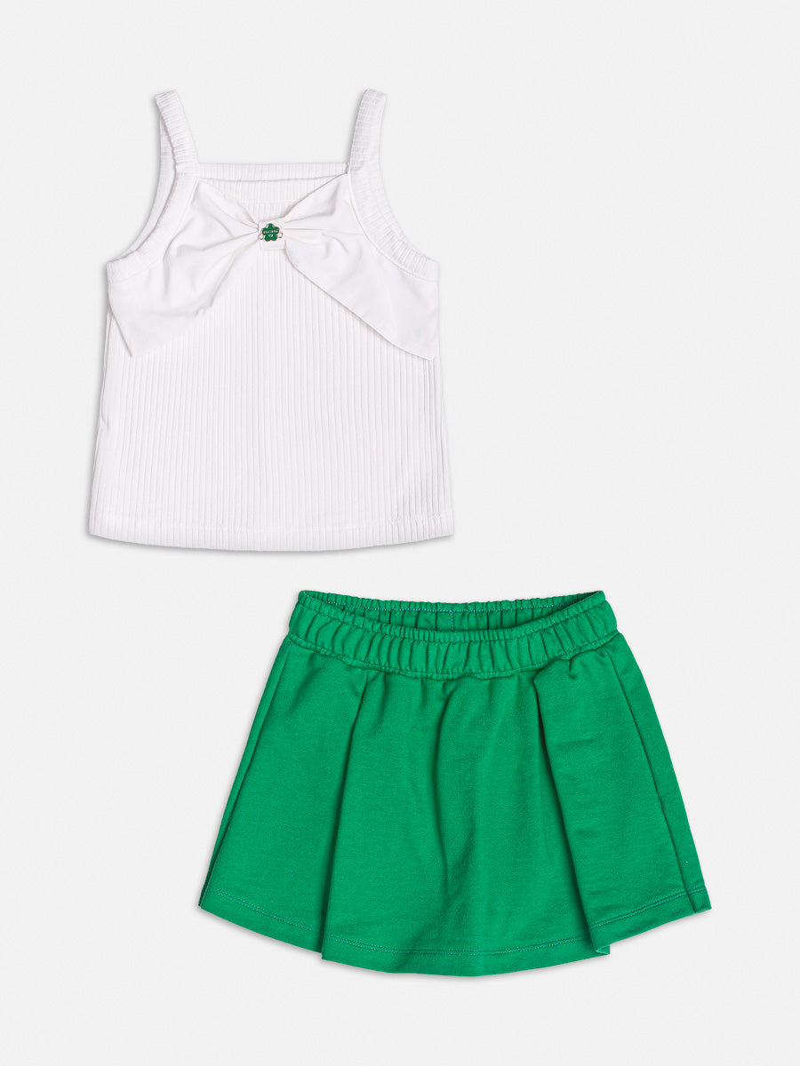 Conjunto Infantil Momi Verão Shorts Saia Verde e Blusa Canelada
