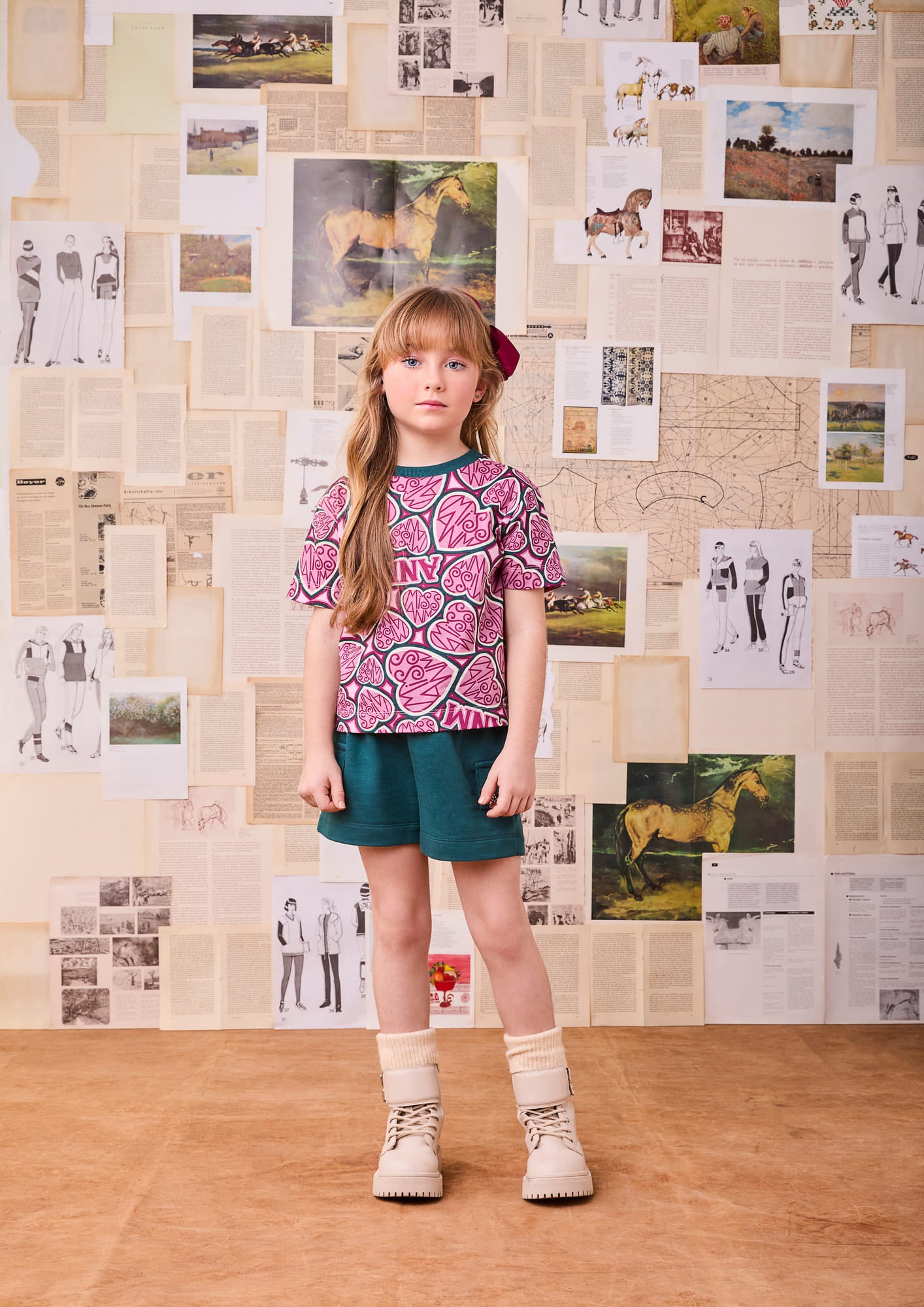 Conjunto Infantil Animê Inverno Shorts e Blusa Vinho Corações