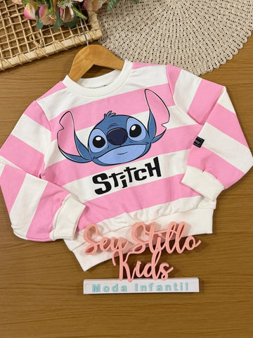 Moletom Infantil Momi Inverno sem Flanela Rosa e Branco Listrado Stitch