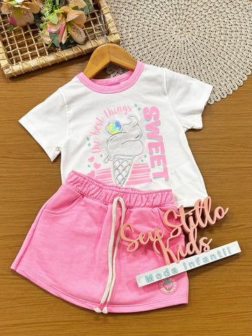 Conjunto Infantil Menina Cinti com Short-Saia Rosa e Blusa Branca Sweet