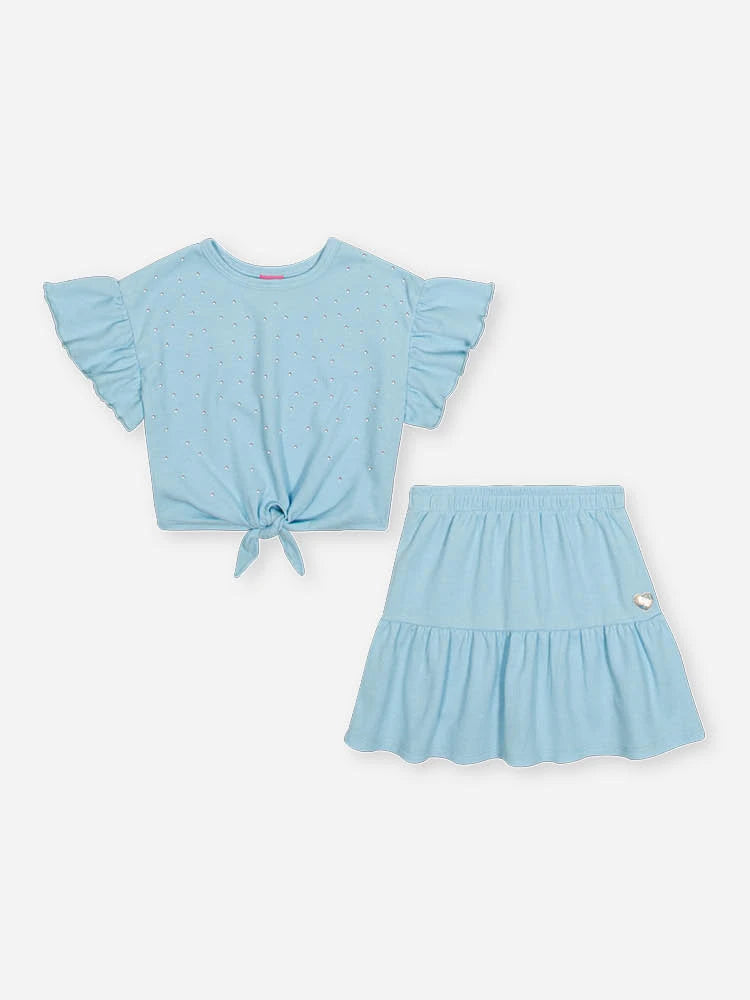 Conjunto Infantil Cinti Inverno, Saia e Blusa Manga Curta Azul com Strass