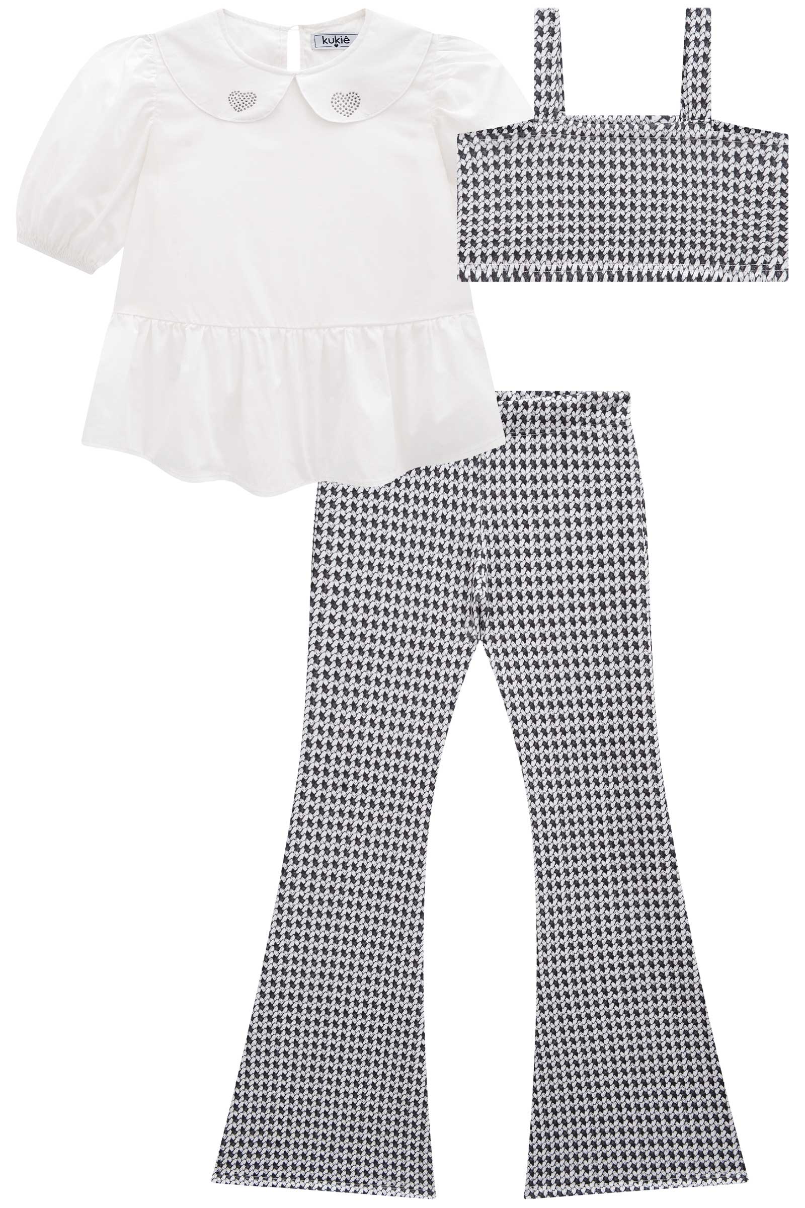 Conjunto Infantil Kukie Verão Calça e Blusa e Colete Branco e Preto