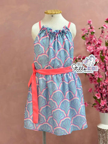 Vestido Infantil Mon Sucre Verão Azul Conchinhas