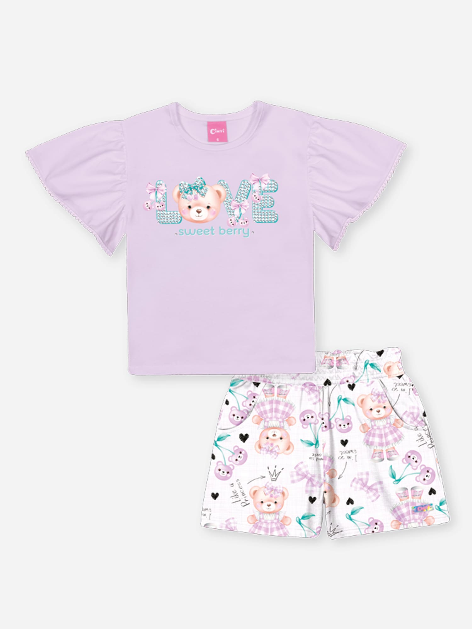 Conjunto Infantil Cinti Verão com Shorts e Blusa Lilás Ursinha Love com Strass