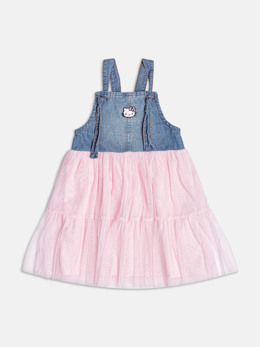 Vestido Infantil Momi Verão Jenas e Tule Rosa Helle Kitty