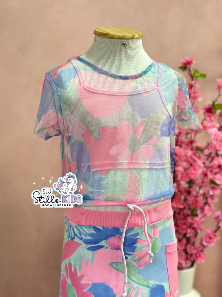 Conjunto Infantil Mon Sucre Verão Com Saia E Top Rosa Em Sobreposição De Tule