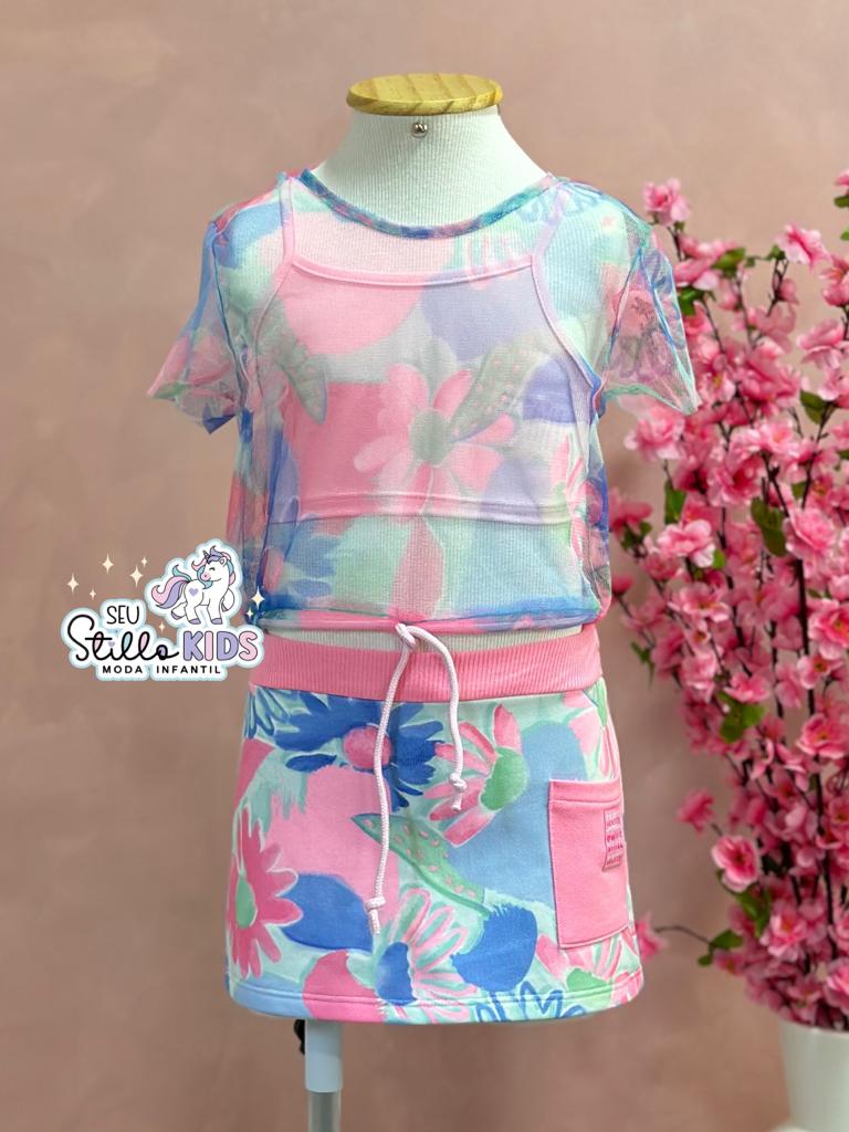 Conjunto Infantil Mon Sucre Verão Com Saia E Top Rosa Em Sobreposição De Tule