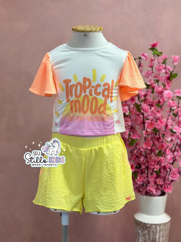 Conjunto Infantil Mon Sucre Verão Com Shorts E Blusa Branca Tropical