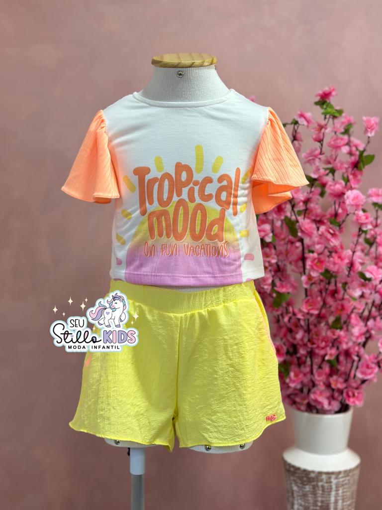 Conjunto Infantil Mon Sucre Verão Com Shorts E Blusa Branca Tropical