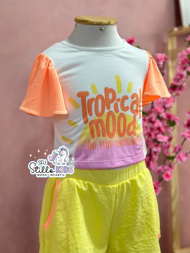 Conjunto Infantil Mon Sucre Verão Com Shorts E Blusa Branca Tropical