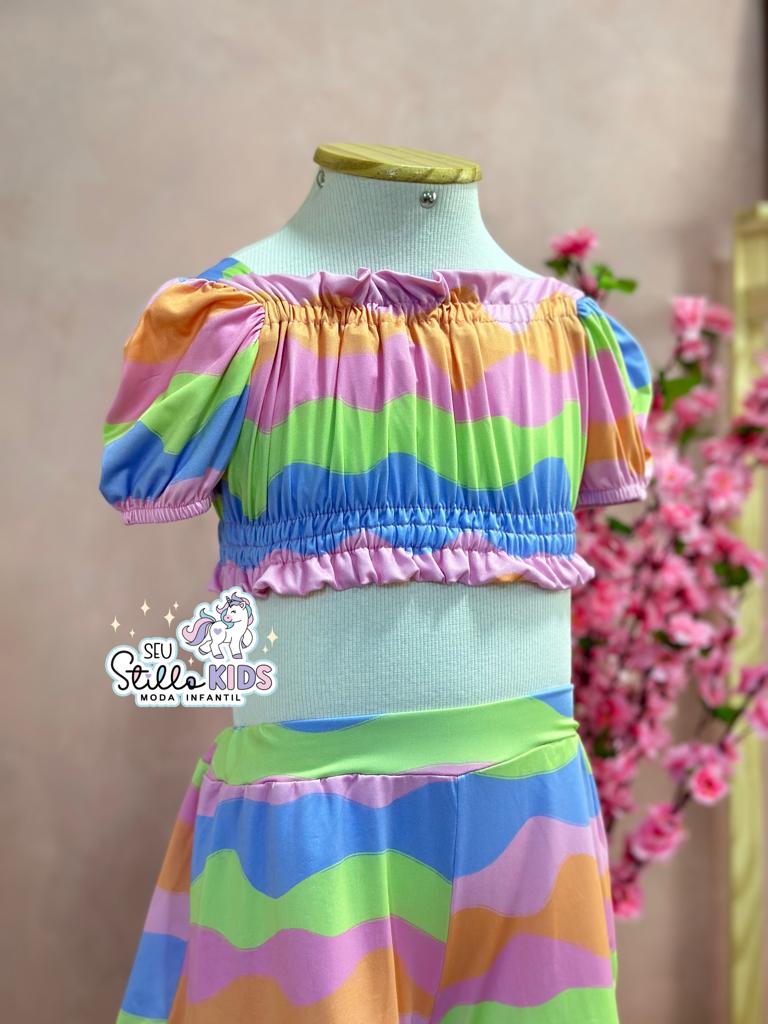 Conjunto Infantil Mon Sucre Verão Com Shorts E Cropped Colorido