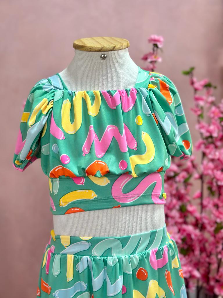 Conjunto Infantil Mon Sucre Verão Com Saia e Blusa Bexigas Coloridas