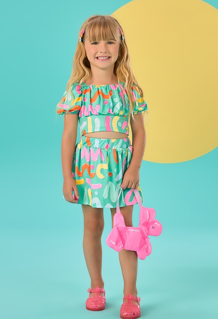 Conjunto Infantil Mon Sucre Verão Com Saia e Blusa Bexigas Coloridas
