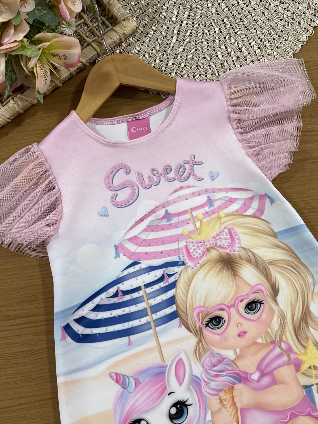 Vestido Infantil Cinti Verão Rosa Unicórnio na Praia