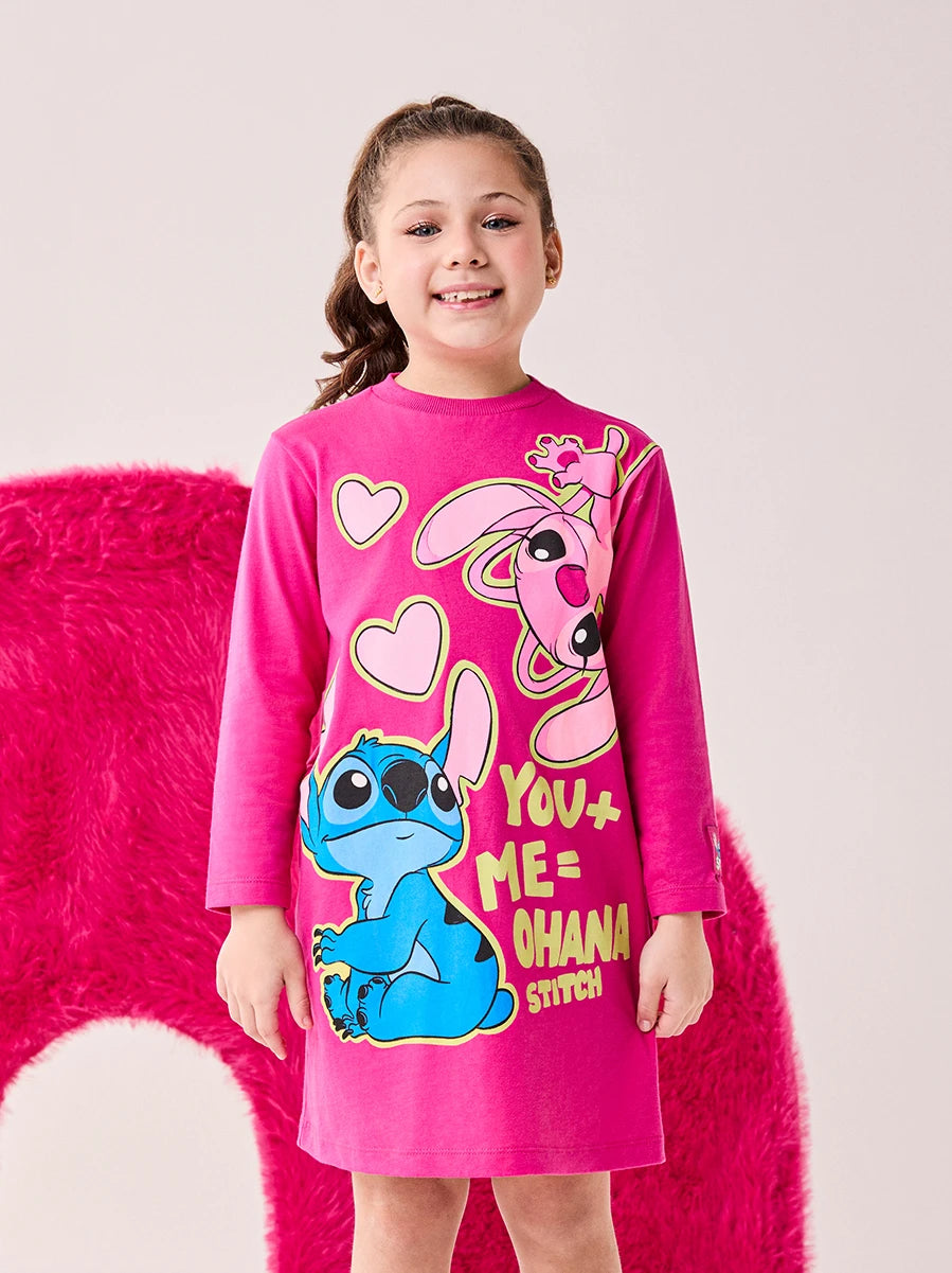 Vesdido Infantil Bimbi Inverno Manga Longa Rosa Escuro Stitch e Angel Love