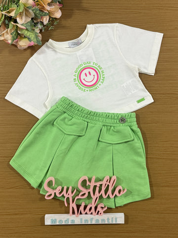 Conjunto Infantil Momi Verão Shorts Saia Verde e Blusa Smile
