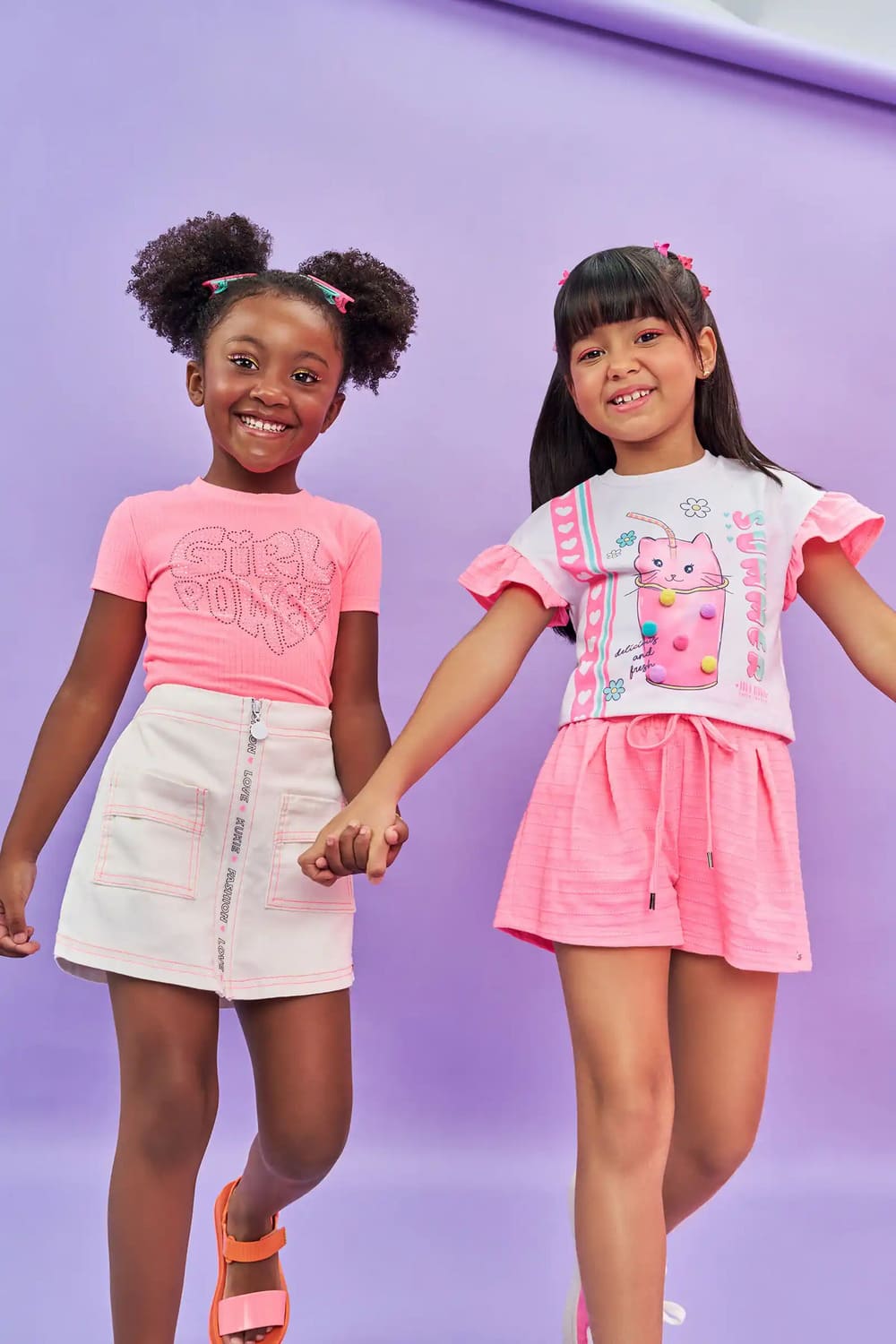 Conjunto Infantil Kukie Verão Shorts Rosa e Blusa Boxy Gatinha Milk Shake