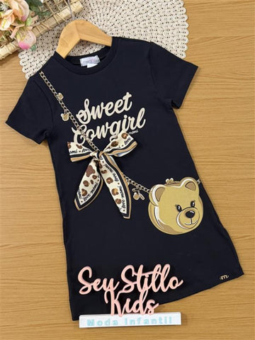 Vestido Infantil Momi Inverno Preto Ursinho Lacinho
