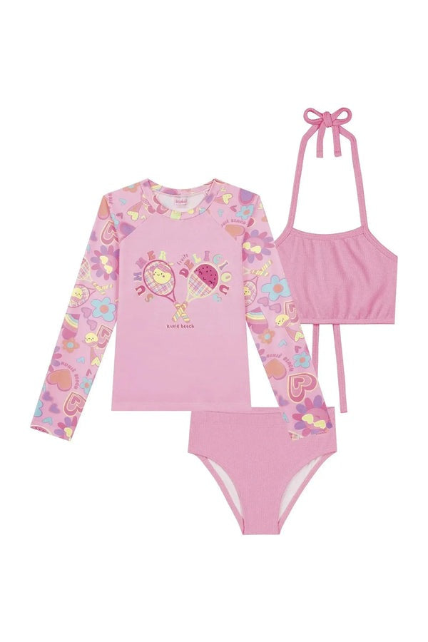 Biquíni Infantil Kukiê Verão Rosa com Blusa Manga Longa Bolinha de Tênis