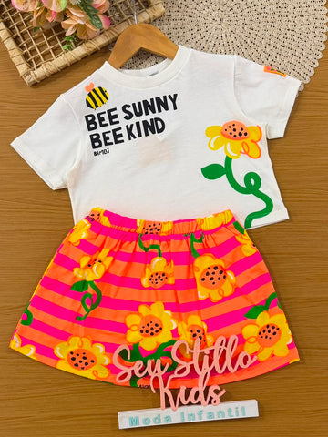 Conjunto Infantil Menina Bimbi com Saia Laranja e Blusa Branca Abelinha