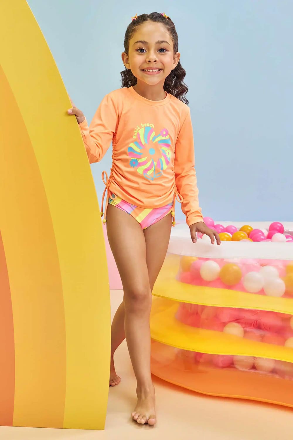 Biquíni Infantil Kukiê Verão com Blusa Manga Longa Laranja Flor