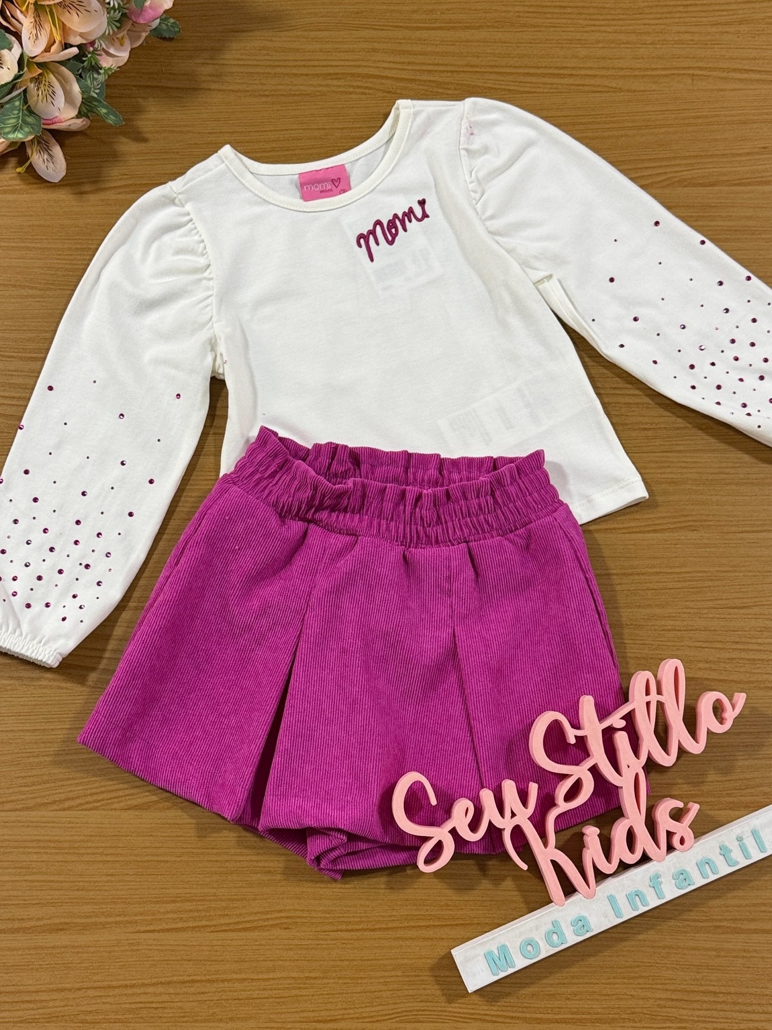 Conjunto Infantil Momi Inverno Shorts Saia e Blusa Strass Rosa