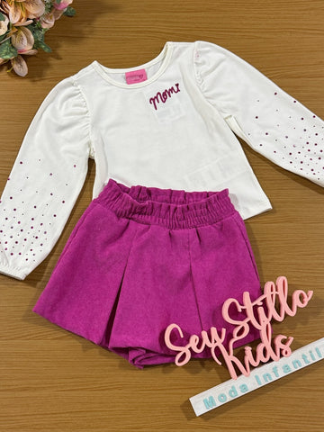 Conjunto Infantil Momi Inverno Shorts Saia e Blusa Strass Rosa
