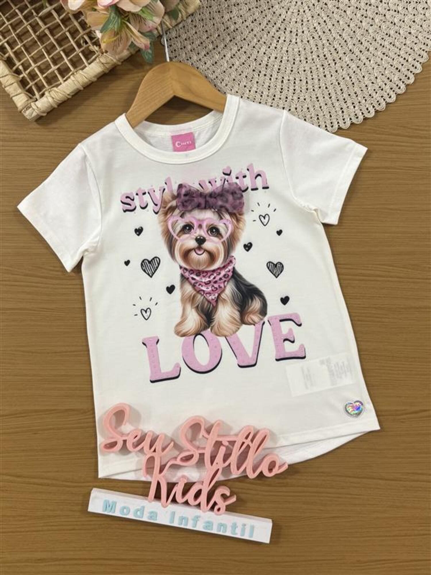 Blusa Infantil Cinti Verão com Laço Branca Cachorrinha Love