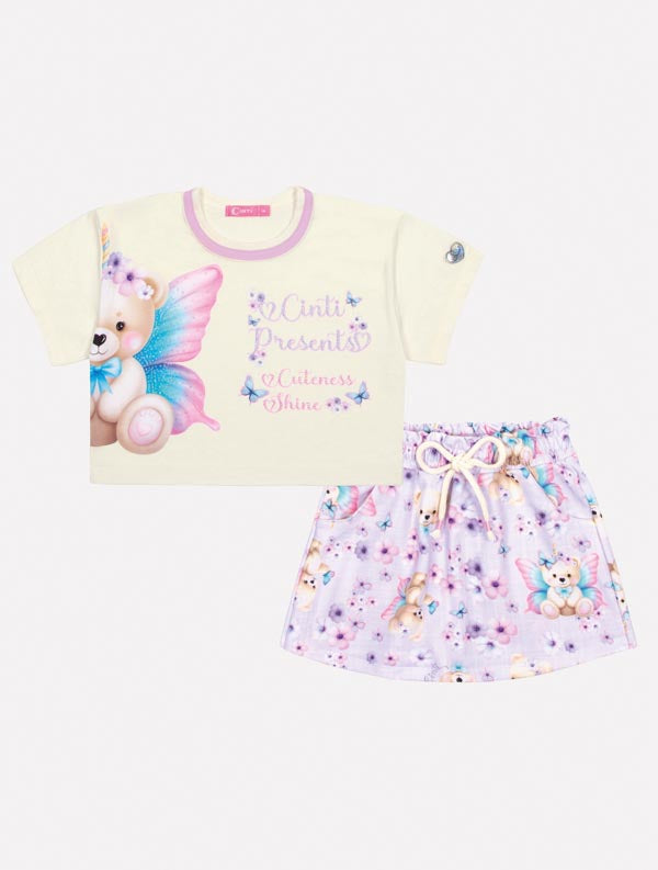 Conjunto Infantil Cinti Verão Shorts Saia e Blusa Fada Ursinha