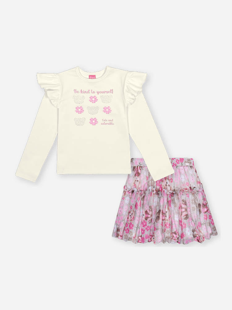 Conjunto Infantil Cinti Inverno com Saia em Tule e Blusa Manga Longa Florzinha Strass