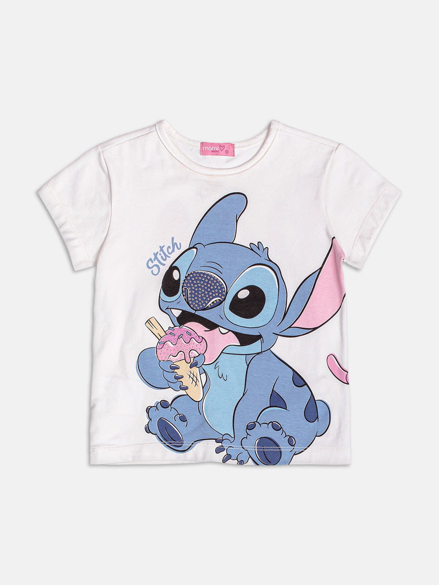 Conjunto Infantil Momi Verão com Shorts Ciclista Azul e Blusa Branca Angel e Stitch Disney