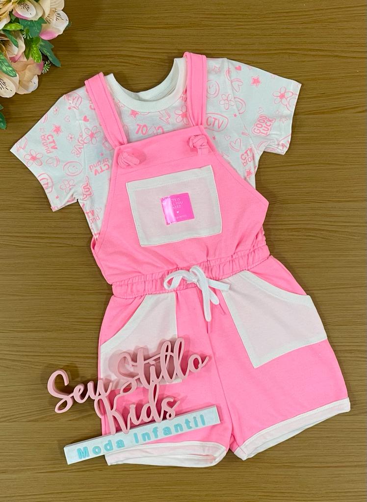 Jardineira Infantil Catavento Verão Com Blusa Branca Fofa