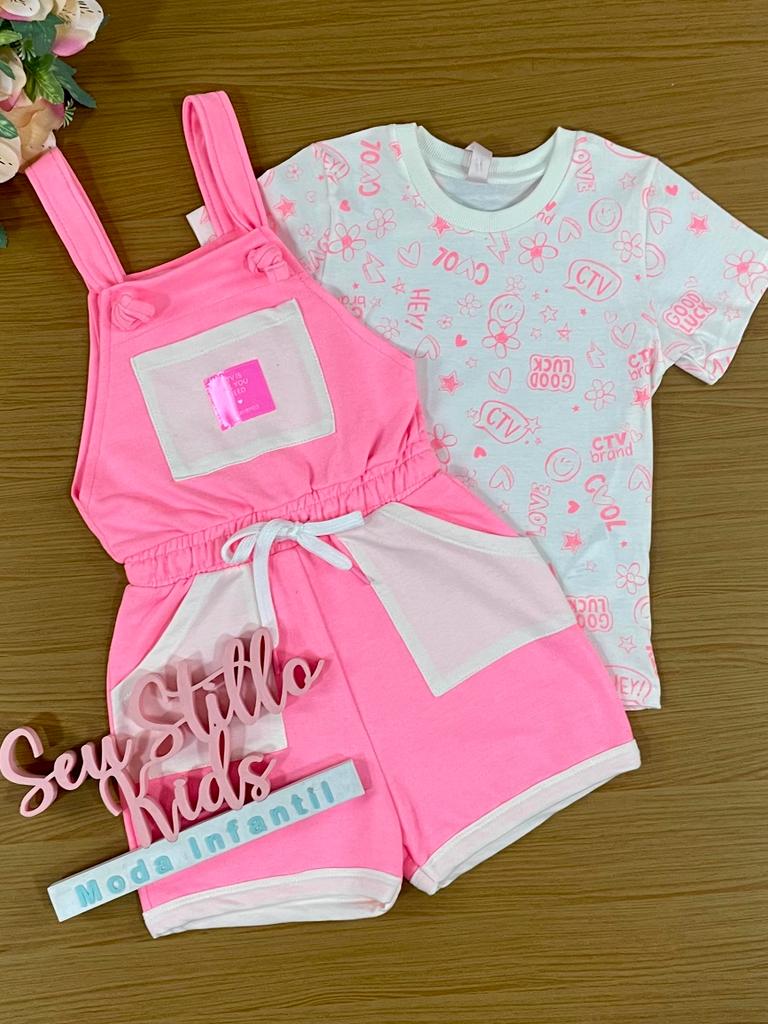 Jardineira Infantil Catavento Verão Com Blusa Branca Fofa