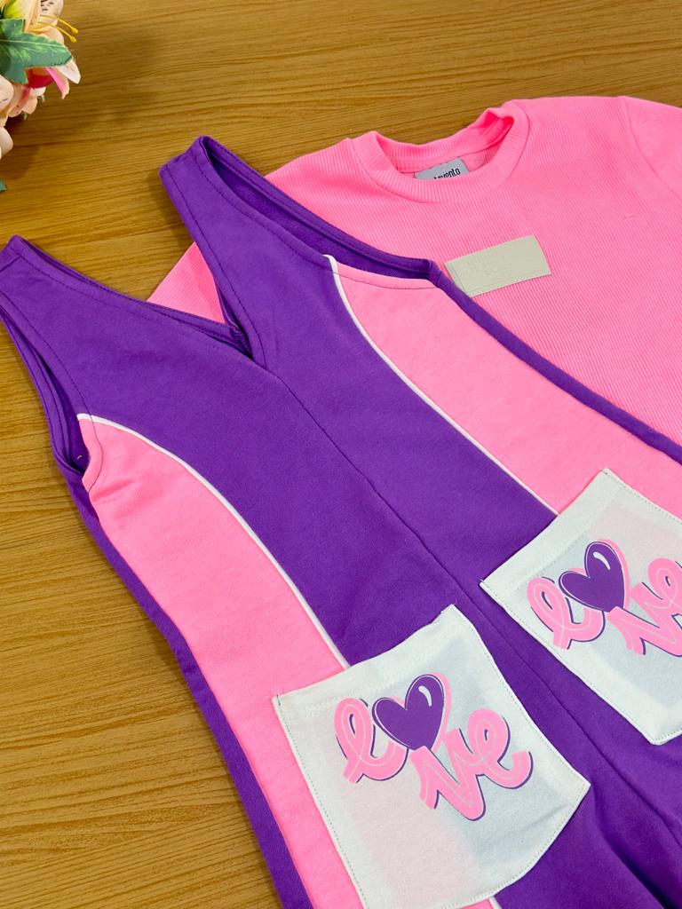 Jardineira Infantil Catavento Verão Com Blusa Rosa Love