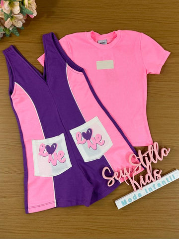 Jardineira Infantil Catavento Verão Com Blusa Rosa Love
