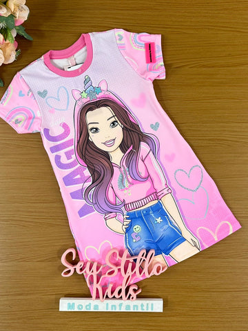 Vestido Infantil Catavento Verão Rosa Barbie