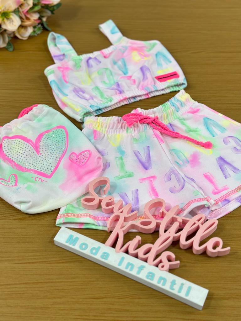 Conjunto Infantil Catavento Verão Com Shorts e Cropped Colorido Barbie com Bolsinha