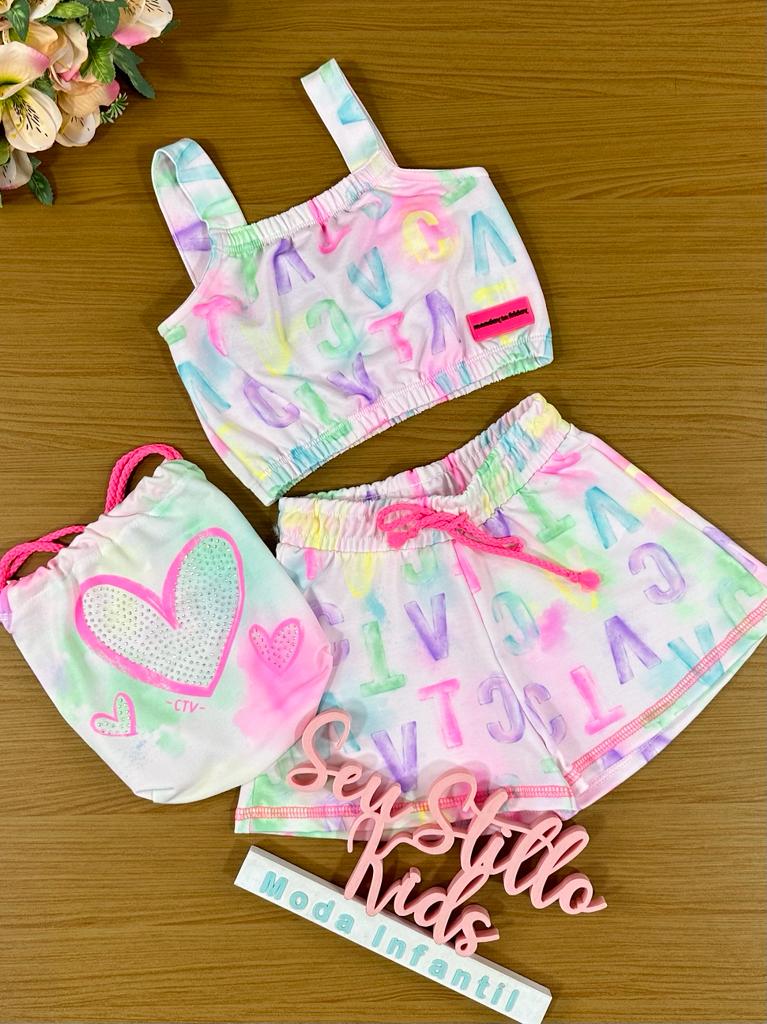Conjunto Infantil Catavento Verão Com Shorts e Cropped Colorido Barbie com Bolsinha