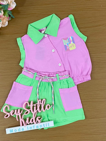 Conjunto Infantil Catavento Verão Com Shorts e Blusa Verde Brilho