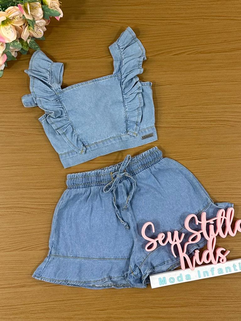 Conjunto Infantil Catavento Verão Com Shorts e Cropped Jeans