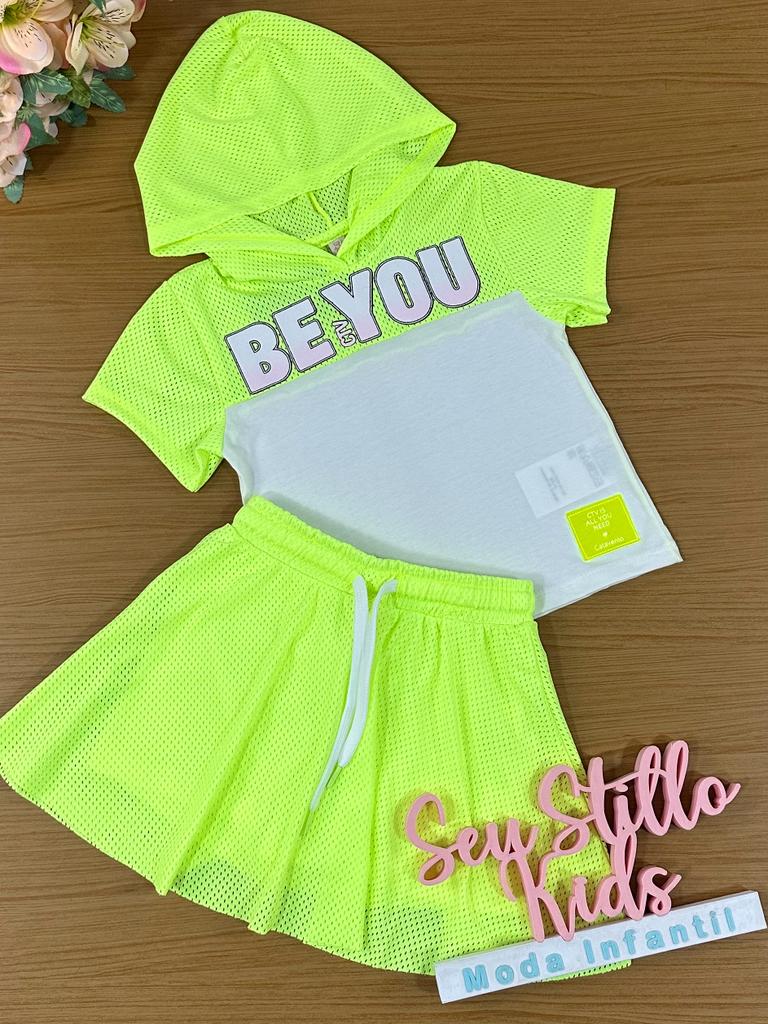 Conjunto Infantil Catavento Verão Com Saia E Blusa Verde Neon Be You