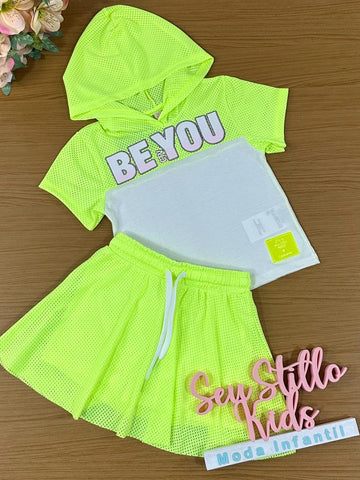 Conjunto Infantil Catavento Verão Com Saia E Blusa Verde Neon Be You