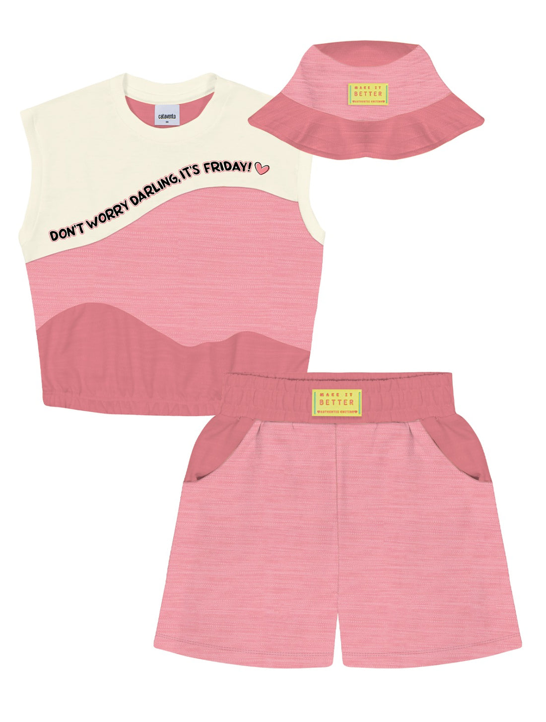 Conjunto Infantil Catavento Verão Com Shorts e Blusa e Bucket Rosa Divertido