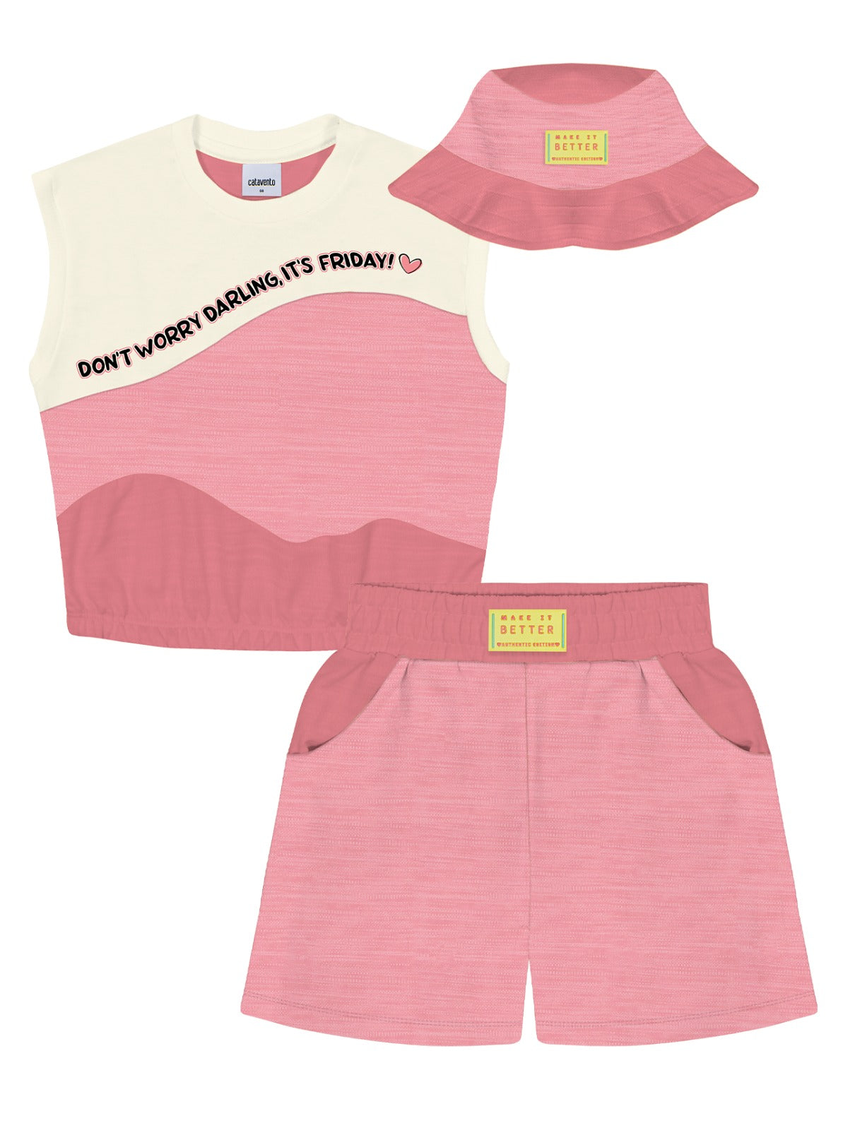 Conjunto Infantil Catavento Verão Com Shorts e Blusa e Bucket Rosa Divertido
