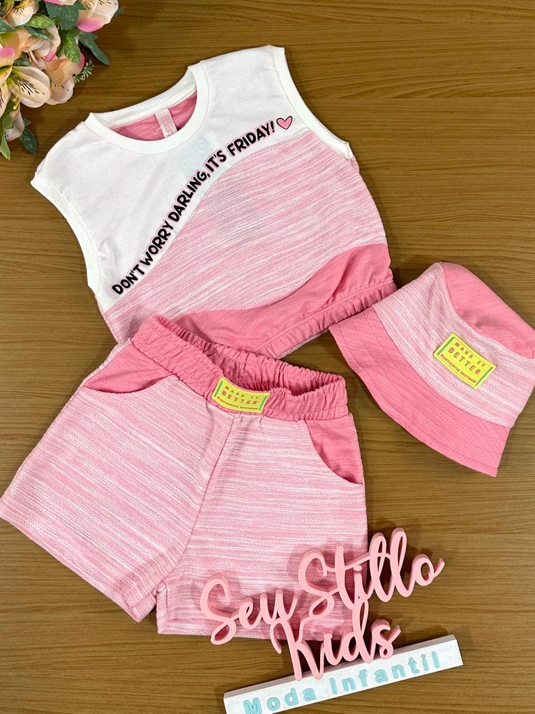 Conjunto Infantil Catavento Verão Com Shorts e Blusa e Bucket Rosa Divertido