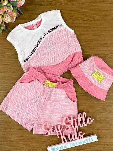 Conjunto Infantil Catavento Verão Com Shorts e Blusa e Bucket Rosa Divertido