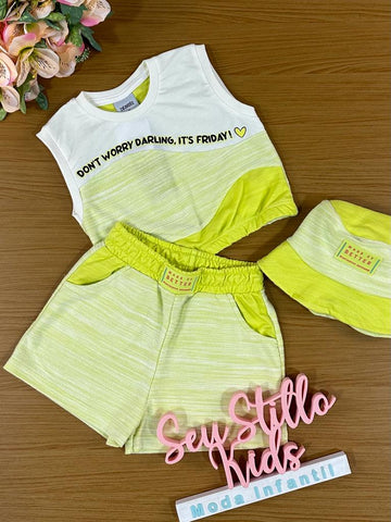 Conjunto Infantil Catavento Verão Com Shorts e Blusa e Bucket Verde Neon Divertido